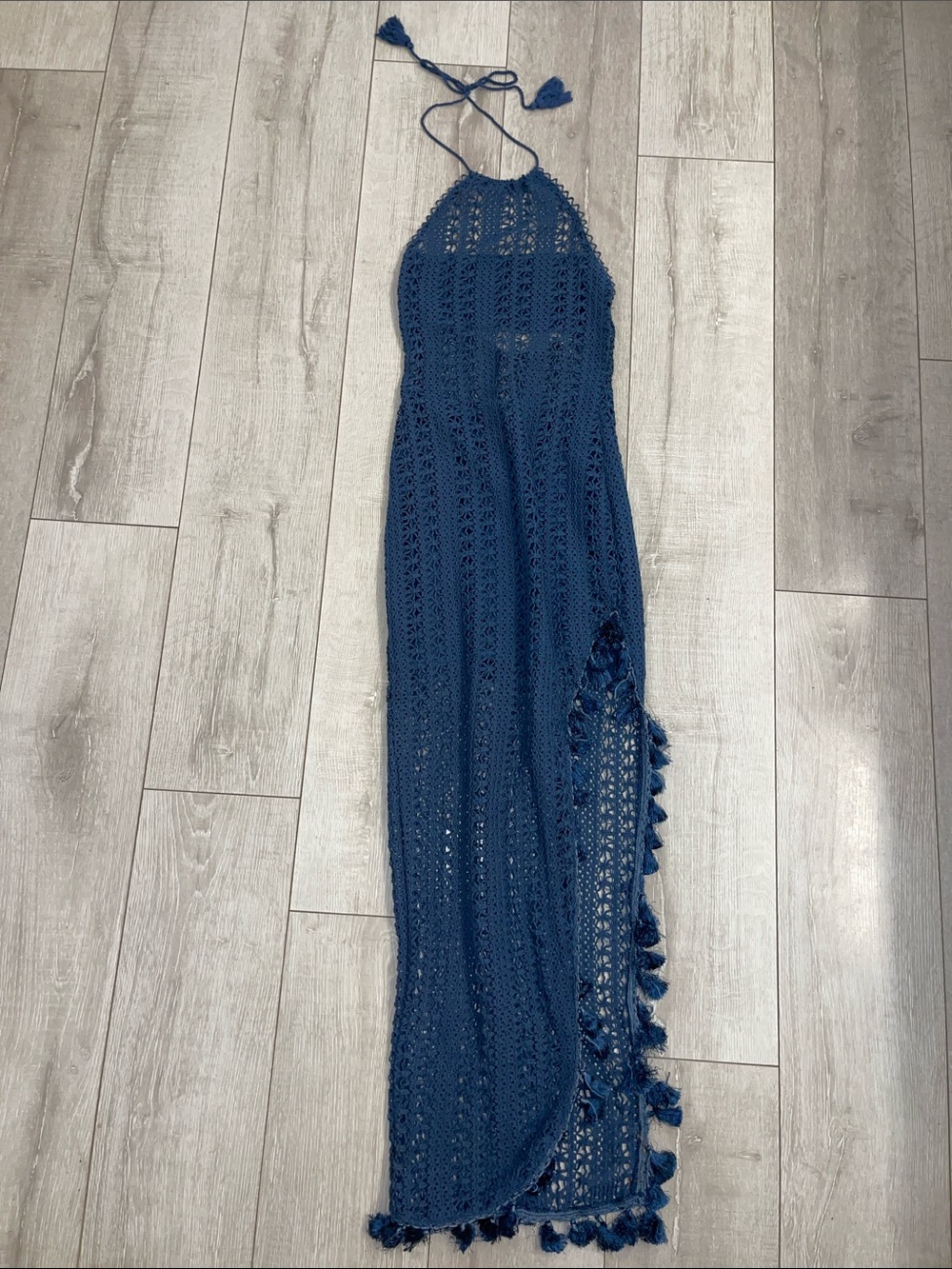 🪞🦋Blue Crochet Halter Maxi Dress Tassel & Leg Slit Detail XS/Worn Once!🦋🪞